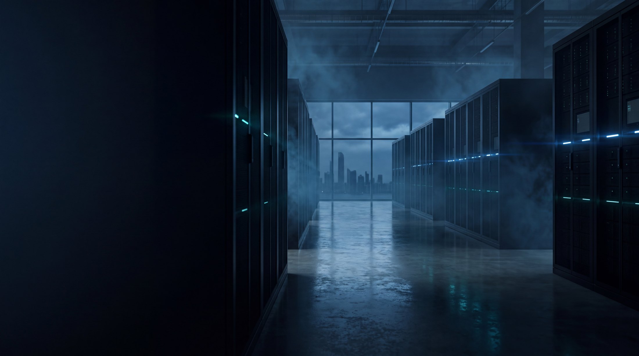 A sovereign server hall at night, the aisle opening onto a city skyline at blue hour