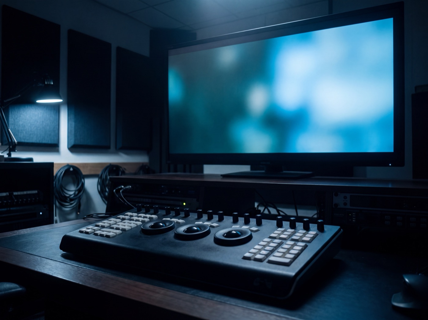 A colour-grading suite at night, reference monitor above an illuminated grading panel