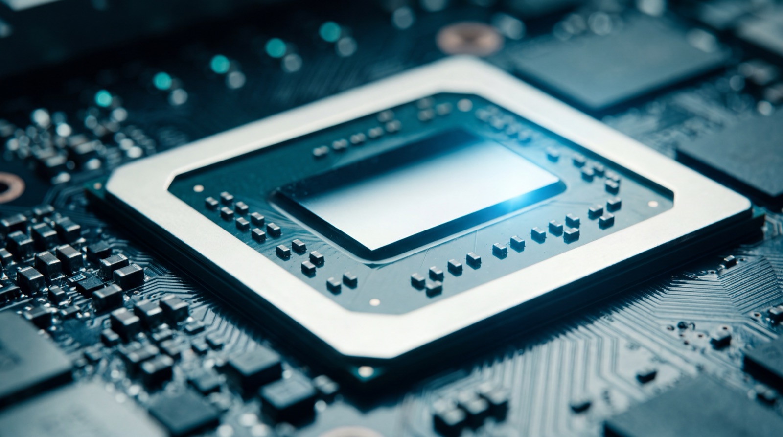 Macro photograph of an AI accelerator package on its board
