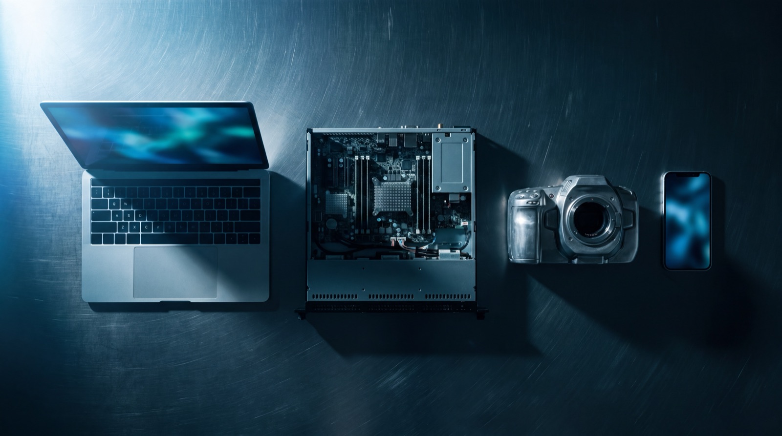A laptop, an open server chassis, a cinema camera and a phone laid out on one workbench