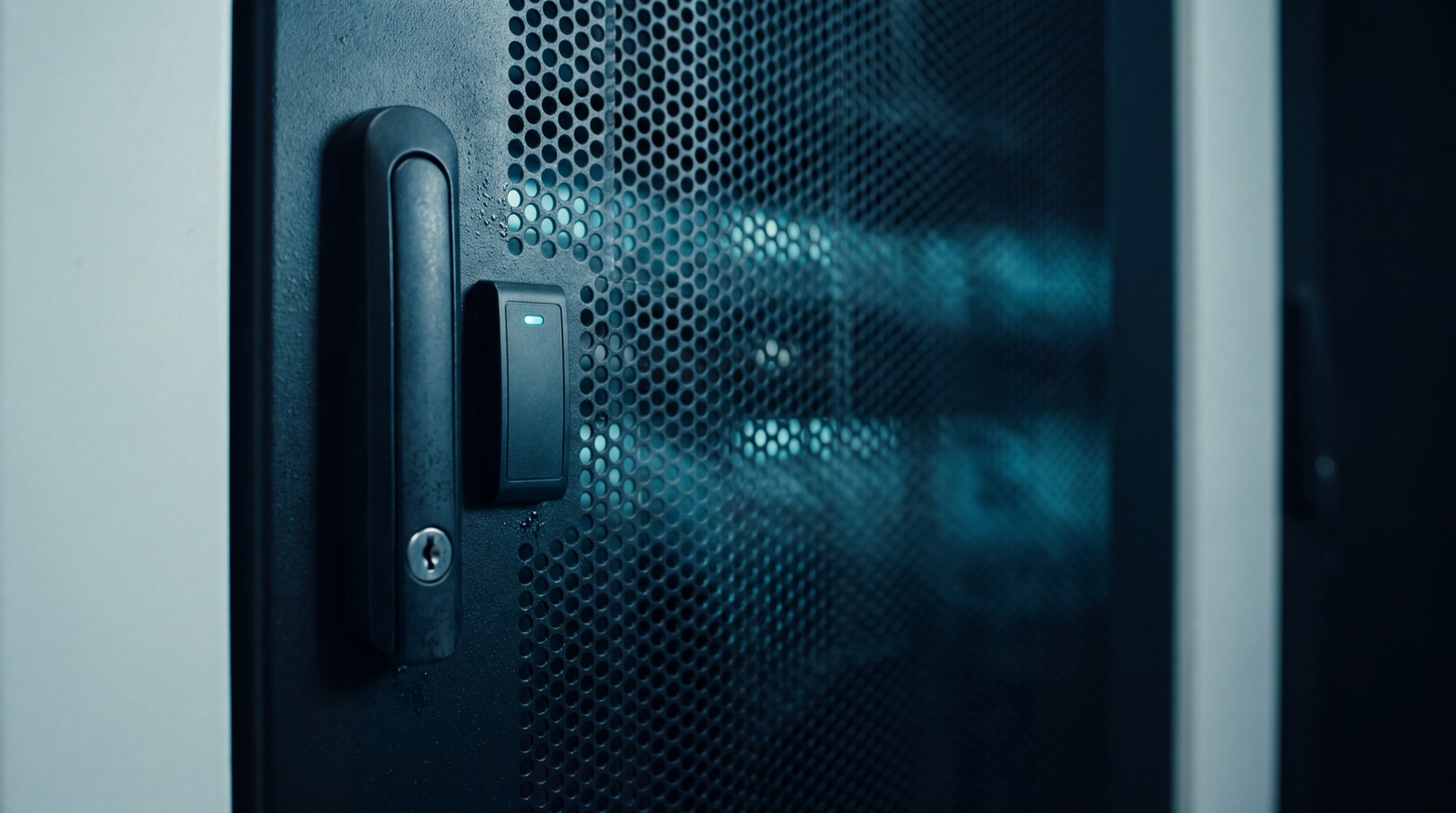 The locked steel door of a server cabinet with a card reader