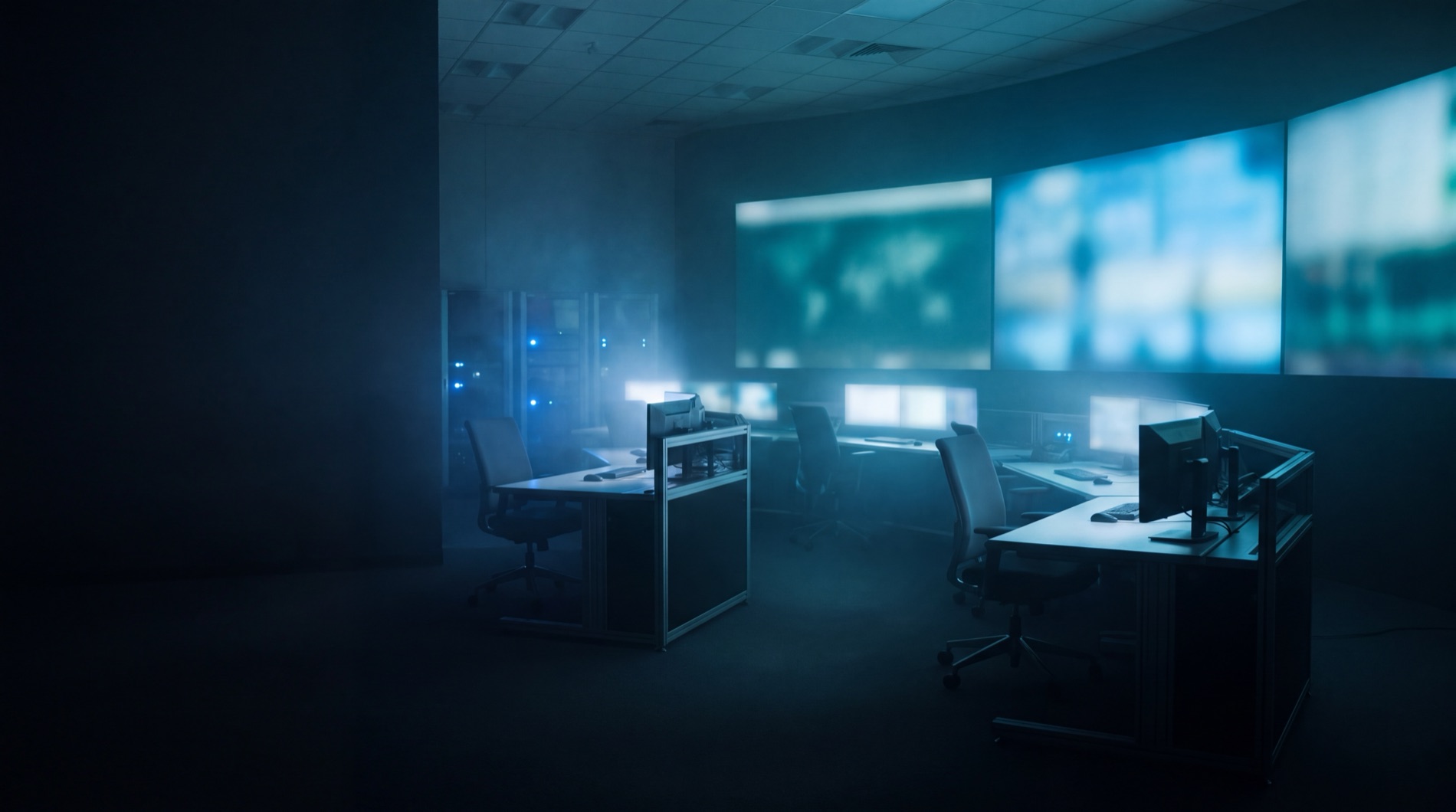 A dark operations room, a wall of live displays above empty desks